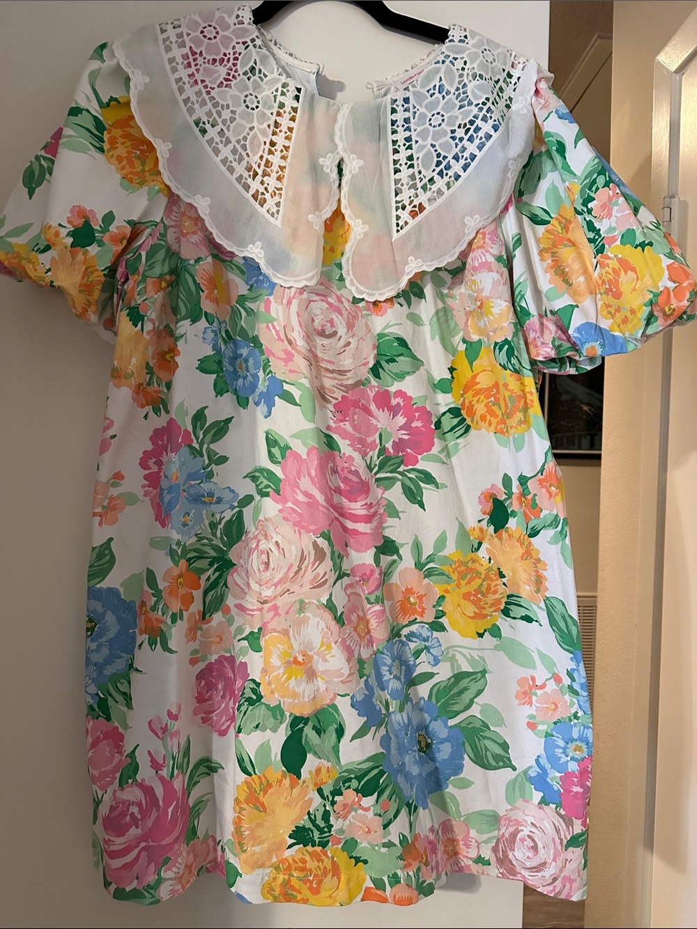 Floral Mini Dress with Lace Collar - White Multi